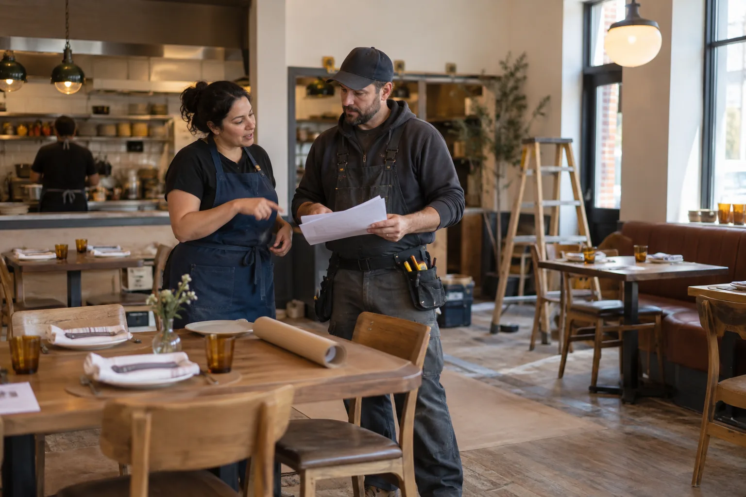 A restaurant operator and a trade-service professional reviewing a planning checklist together