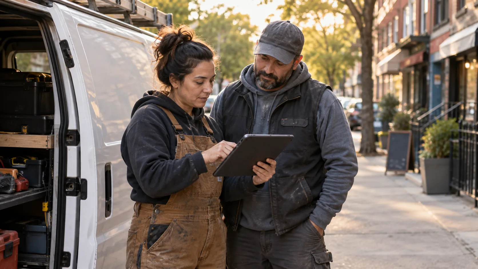 Two field-service professionals reviewing work information together beside an unbranded service van